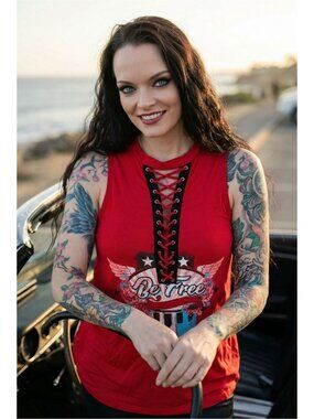 No Boundaries ✦ Red Lace‑Up Graphic Tank ✦ Be Free Sleeveless Top Size L